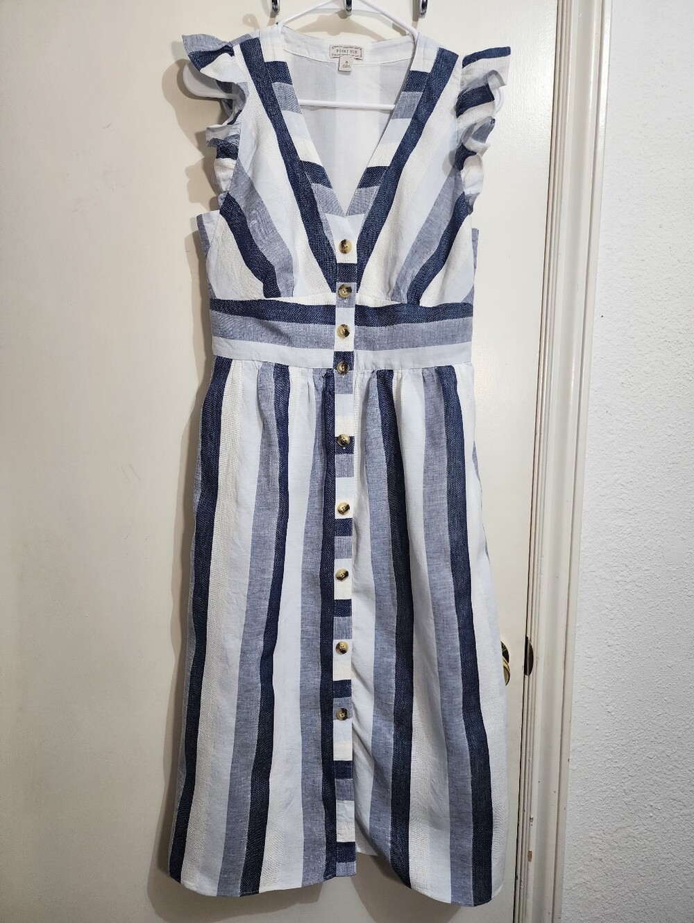 J.Crew Point Sur Linen Striped Midi Dress Size 6 Button Front Pockets Coastal - Picture 3 of 9